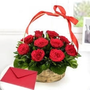 Basket of 10 Red Roses With  Card