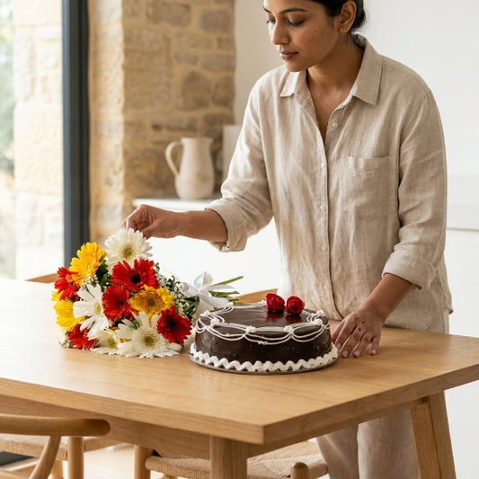 Chocolate cake and bunch of gerbera flowers