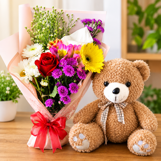 Cheerful Bouquet and Teddy Gift