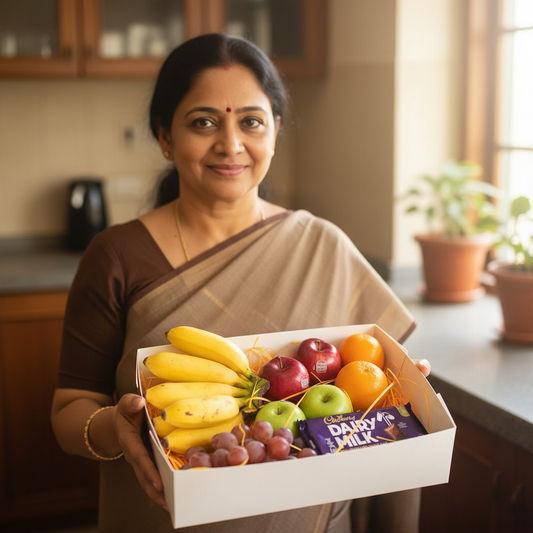 Sri Lankan mother holding an open white gift box with clearly visible fresh fruits and chocolates in a cozy kitchen setting