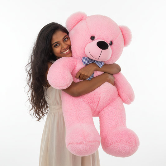 Sri Lankan girl hugging a large pink teddy bear with blue checkered bow tie in studio setting, square format